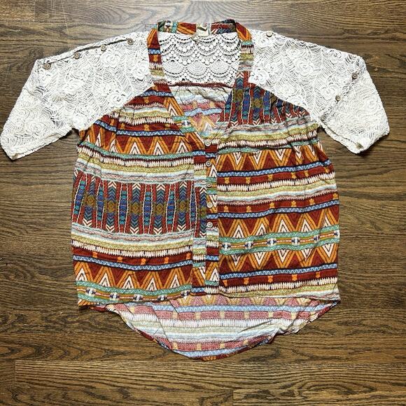 BKE Shirt Womens Large Lace Sleeve Button Up Aztec Southwest Boho Western - Picture 1 of 11
